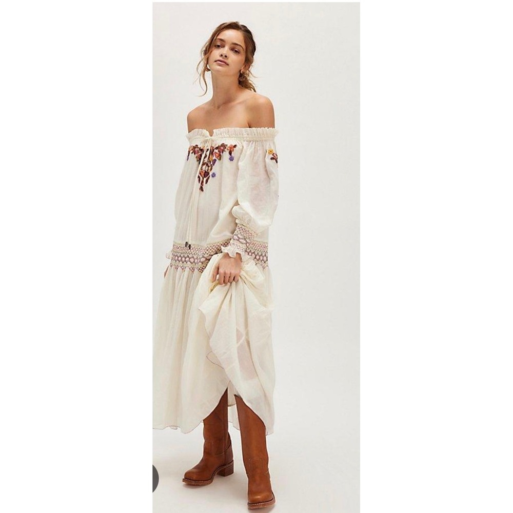 Free People Natural Harvest Moon Maxi Dress Ivory Embroidered Boho L